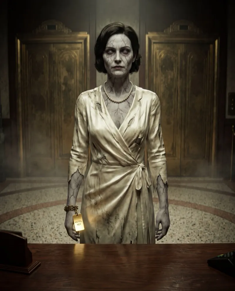 THE CONCIERGE, an undead woman in an ivory dress and pearls, a key card at her wrist.