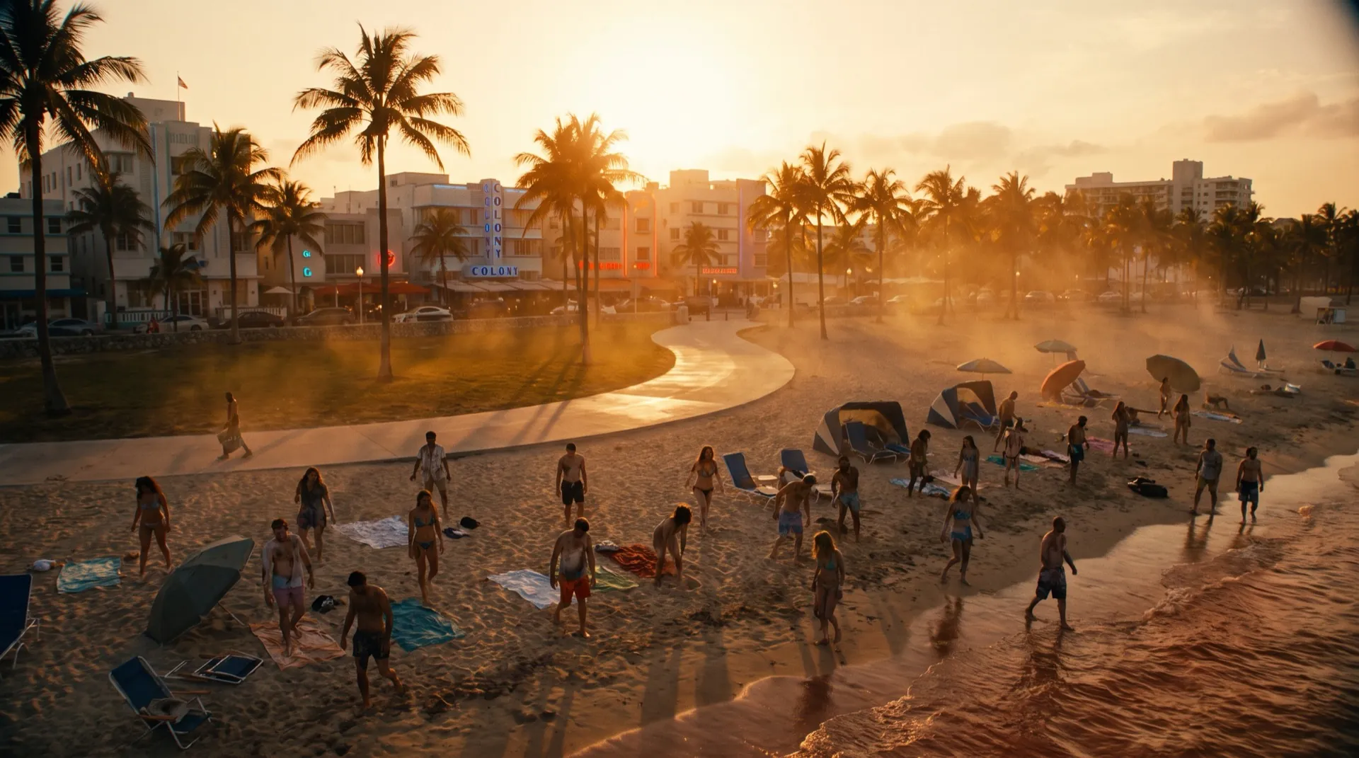 Undead sunbathers rise on Miami Beach at golden hour, Ocean Drive's Art Deco hotels behind them.