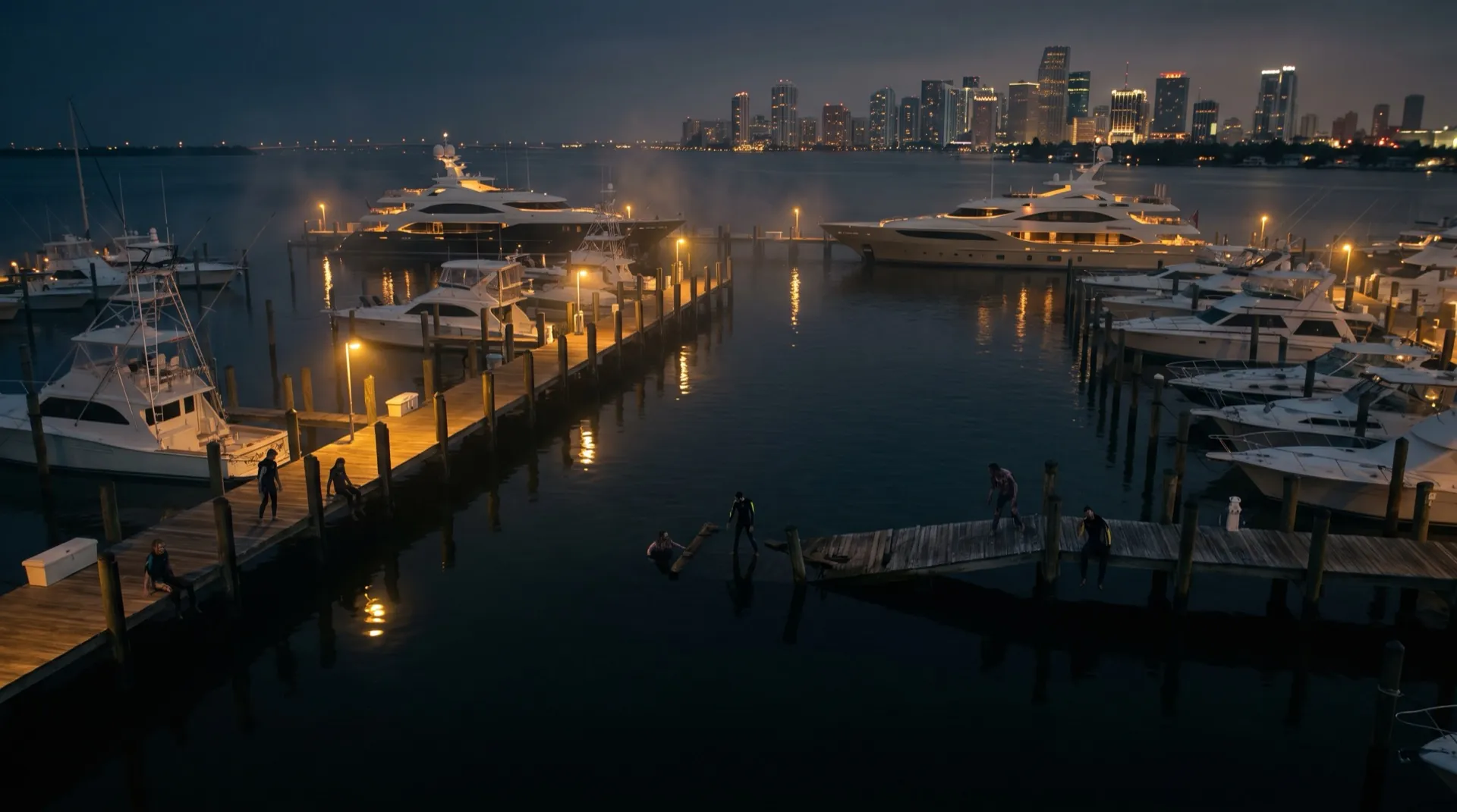 The undead climb out of dark water onto the piers of Miami Beach Marina at late dusk.