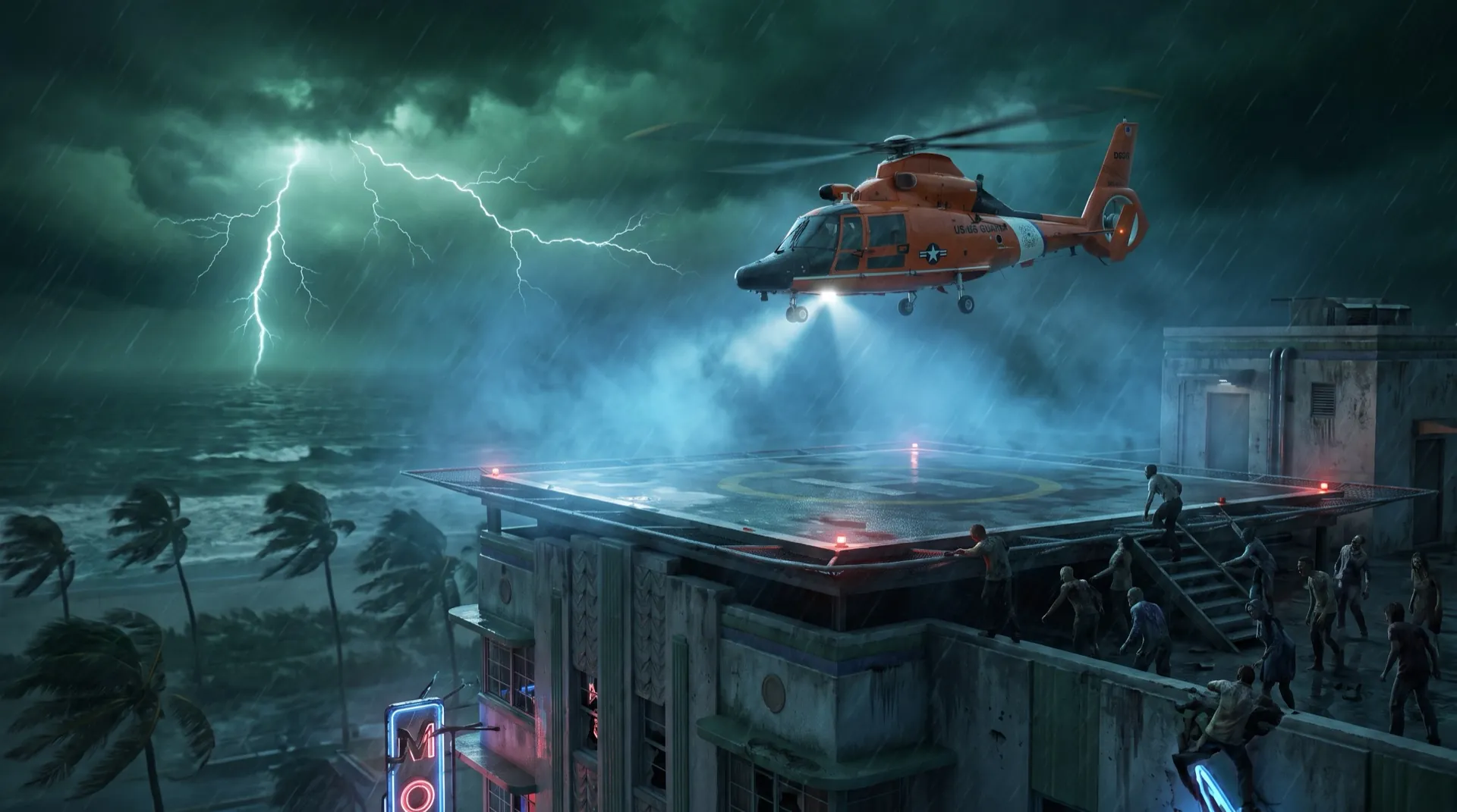 A Coast Guard helicopter fights hurricane winds over a hotel rooftop helipad as the undead pour over the parapet.